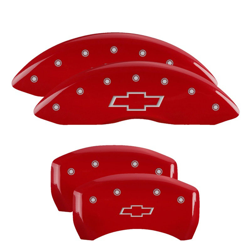 MGP 14231SBOWRD | 4 Caliper Covers Engraved Front & Rear Bowtie Red finish silver ch; 2014-2015