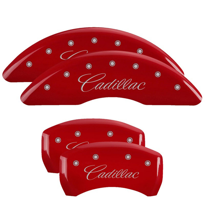 MGP 35008SCADRD | 4 Caliper Covers Engraved Front & Rear Cursive/Cadillac Red finish silver ch; 2013-2016