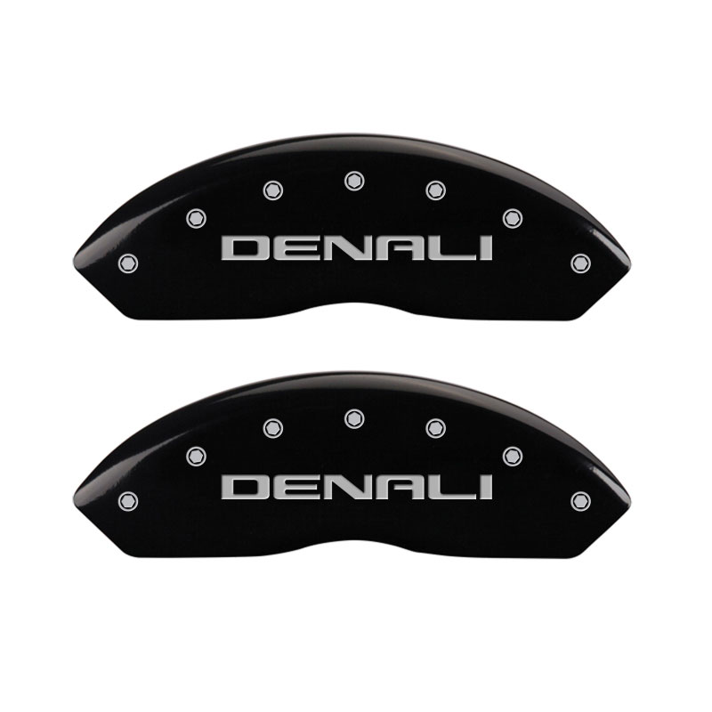 MGP 34212SDNLBK | 4 Caliper Covers Engraved Front & Rear Denali Black Finish Silver Char 2019 GMC Arcadia; 2017-2020