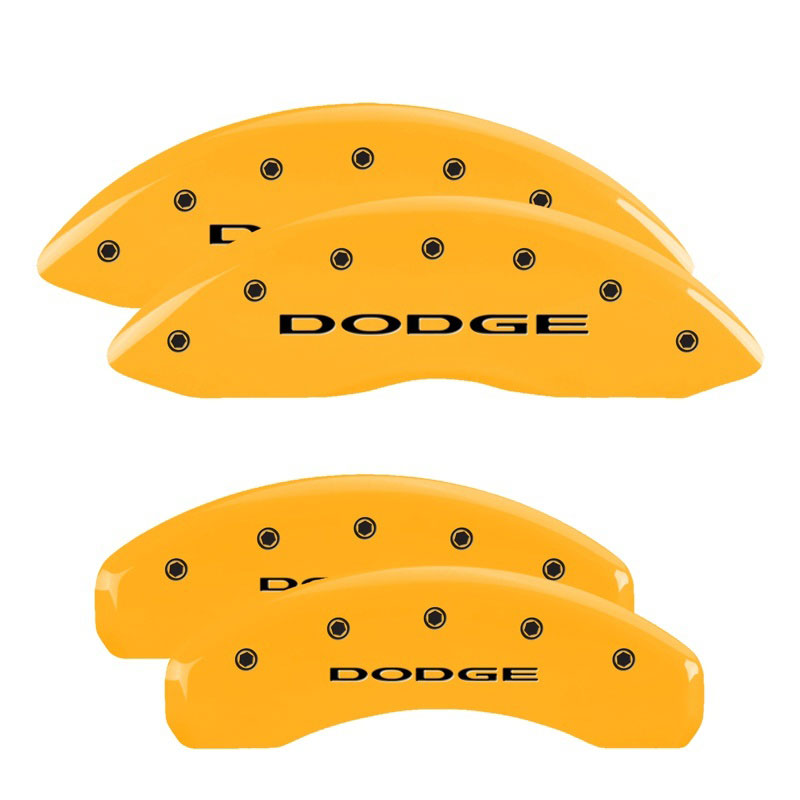 MGP 12204SDD4YL | 4 Caliper Covers Engraved Front & Rear 11-18 Dodge Durango Yellow Finish Black Dodge Logo; 2011-2020