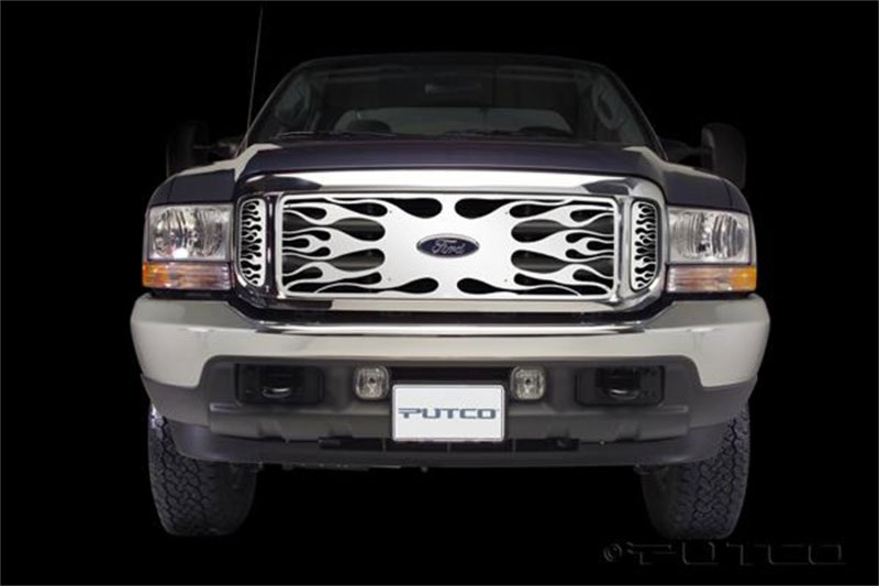 Putco 89105 | 99-04 Ford SuperDuty w/ Logo CutOut (incl Side Vents) Flaming Inferno Stainless Steel Grille; 2004-2004