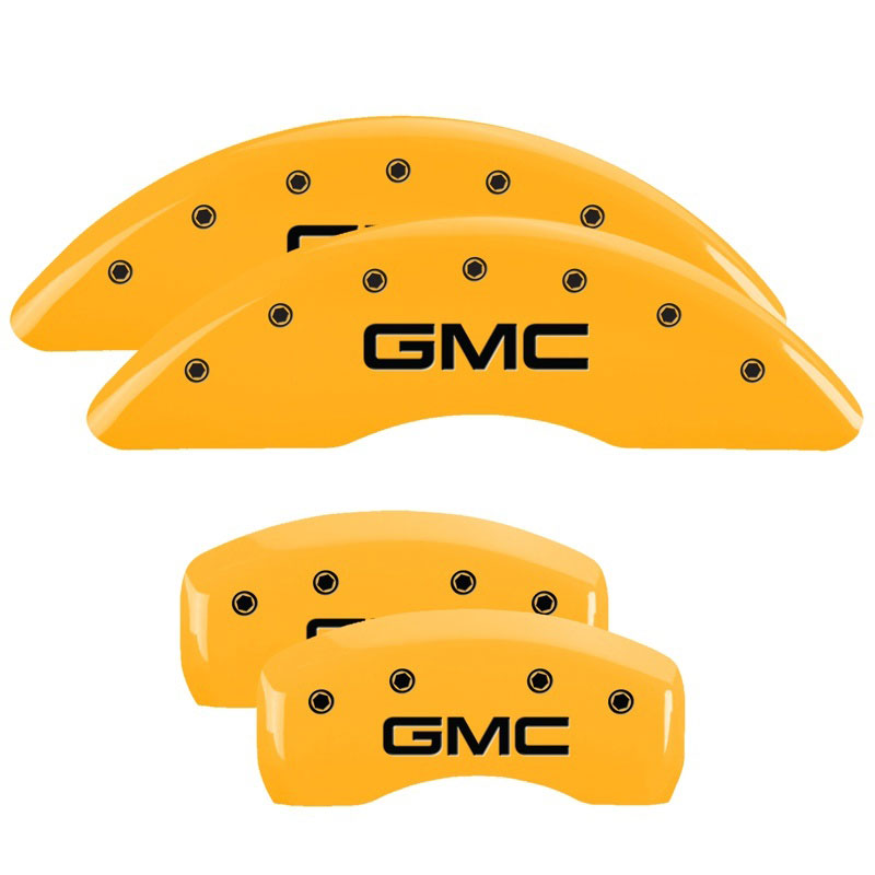 MGP 34001SGMCYL | 4 Caliper Covers Engraved Front & Rear GMC Yellow finish black ch; 2011-2016