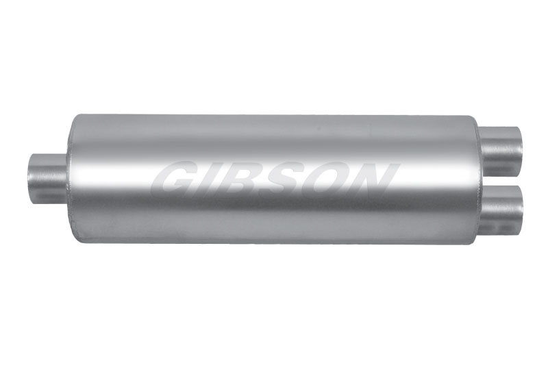 Gibson 758300s | SFT Superflow Offset/Dual Round Muffler - 8x24in/3in Inlet/2.25in Outlet - Stainless