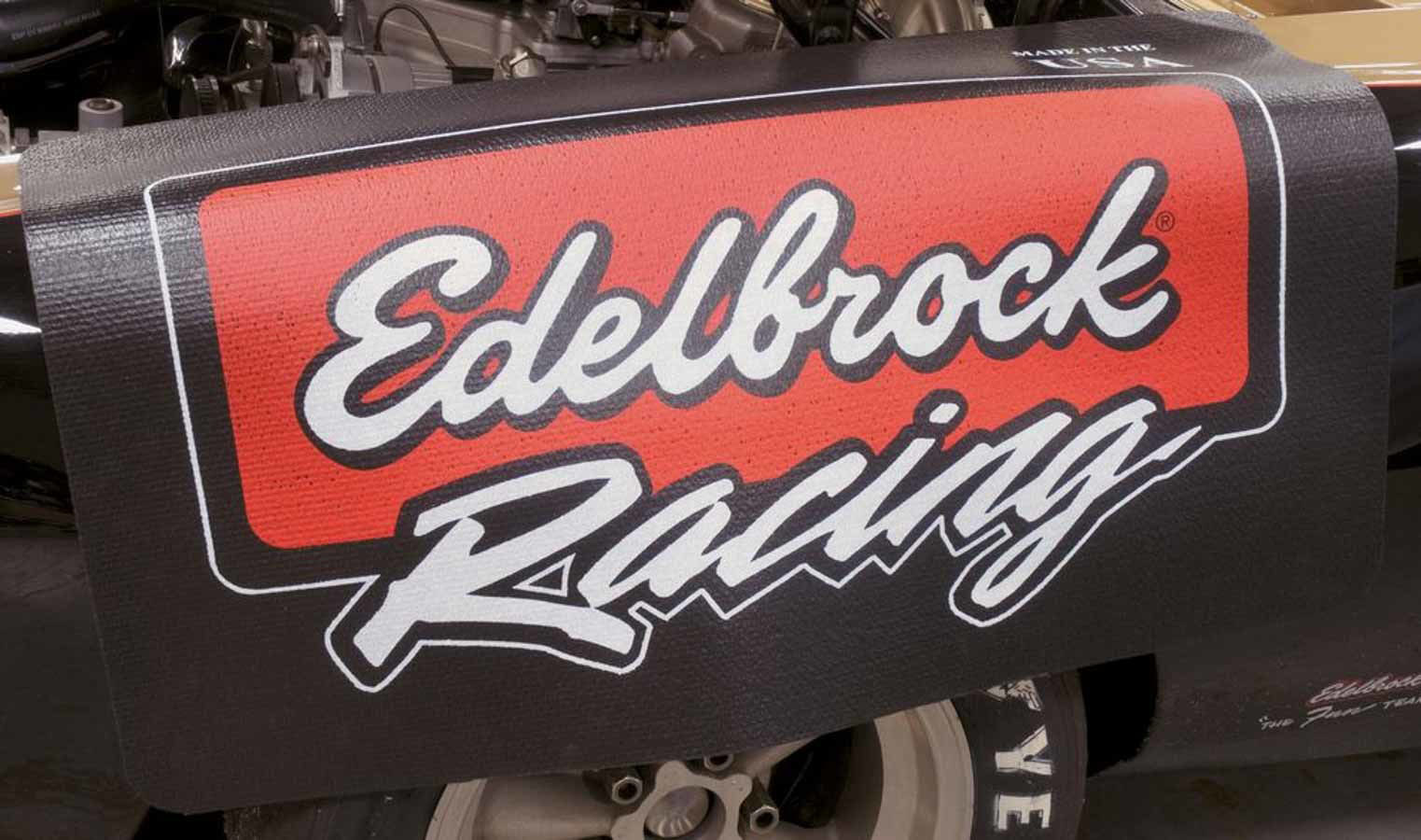 Edelbrock 2324 | Edelbrock Racing Fender Cover - PVC Foam Mat - 2 Color Printed Edelbrock Racing Logo