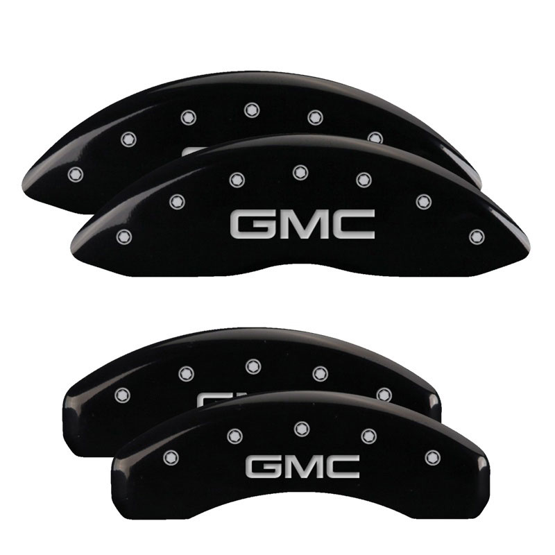 MGP 34015SGMCBK | 4 Caliper Covers Engraved Front & Rear GMC Black finish silver ch; 2015-2020