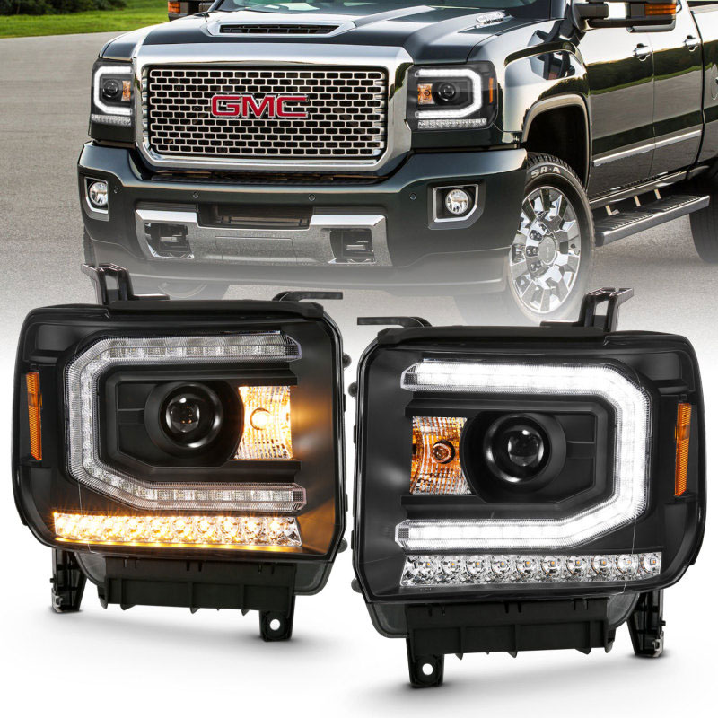 ANZO 111485 | 2016-2019 Gmc Sierra 1500 Projector Headlight Plank Style Black w/ Sequential Amber Signal; 2016-2019