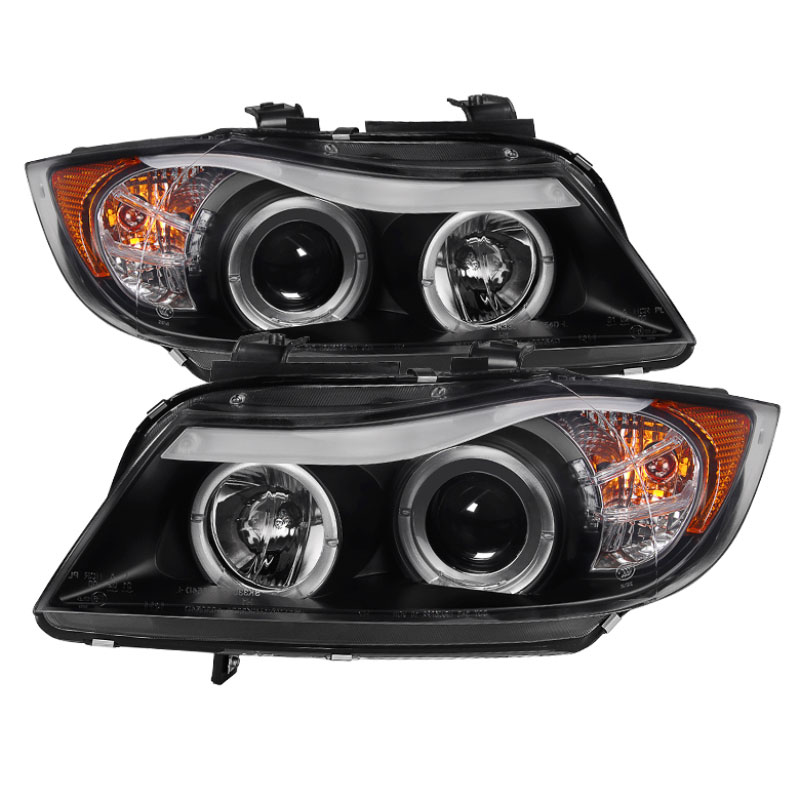 SPYDER 5009005 | Spyder BMW E90 3-Series 4Dr Halo Amber Eyebrow ( Replaceable Eyebrow Bulbs ) Projector Headlights - Black - (PRO-YD-BMWE9005-AM-BK); 2006-2008