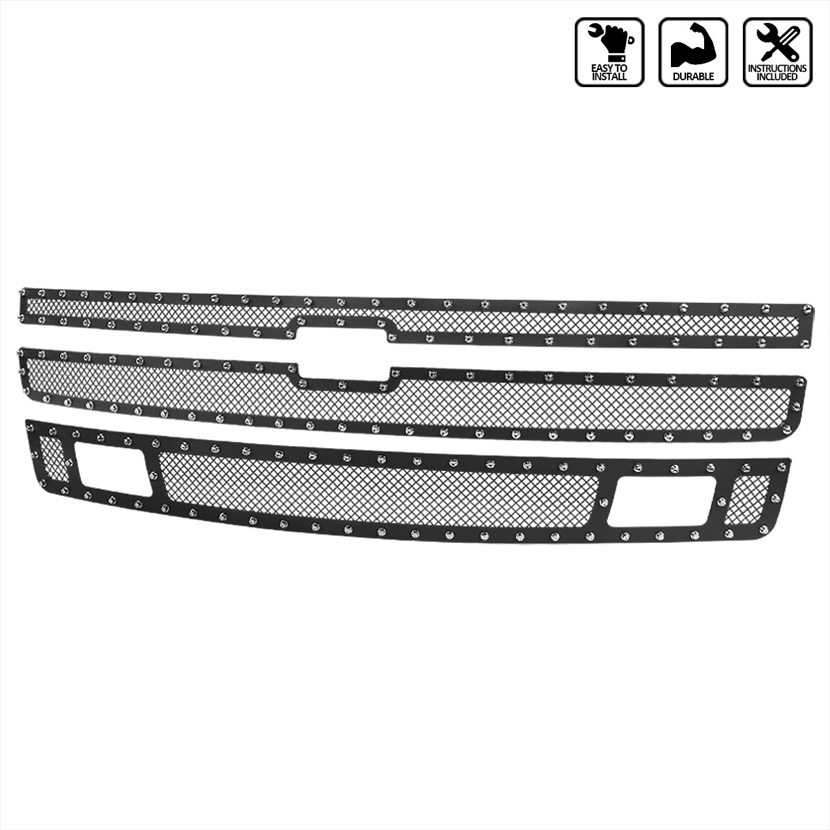 Spec-D Tuning hbg-siv0715bkss3p-yh | SPEC-D Tuning Chevrolet Silverado 1500 Rivet Grille Insert; 2007-2013