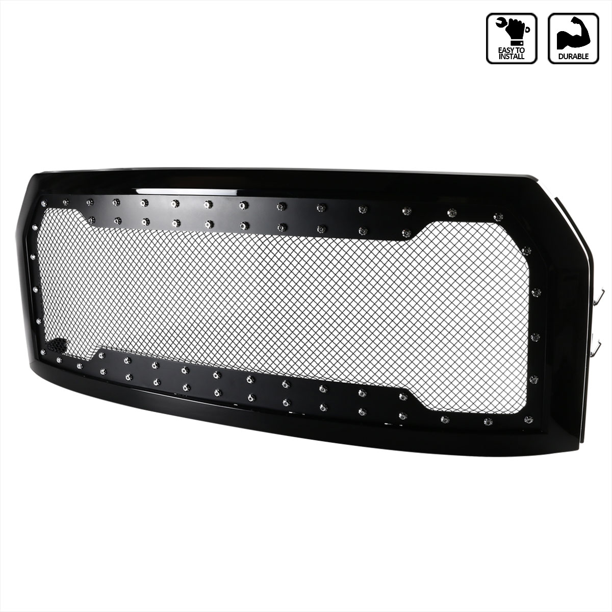 Spec-D Tuning hg-f15015jmss | SPEC-D Tuning Ford F150 Front Mesh Grille With Rivet Mesh Chrome Rivet - Glossy Black; 2015-2017