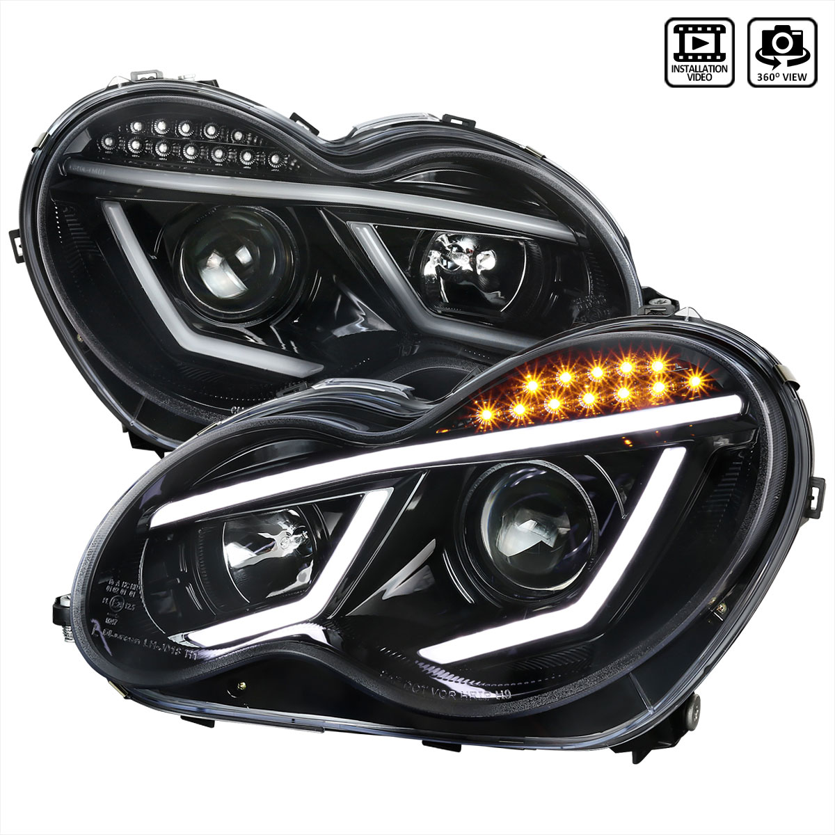 Spec-D Tuning lhp-bw20301bk-tm | SPEC-D Tuning Mercedes C-Class Projector Headlights - Glossy Black For Factory Halogen Model; 2001-2007