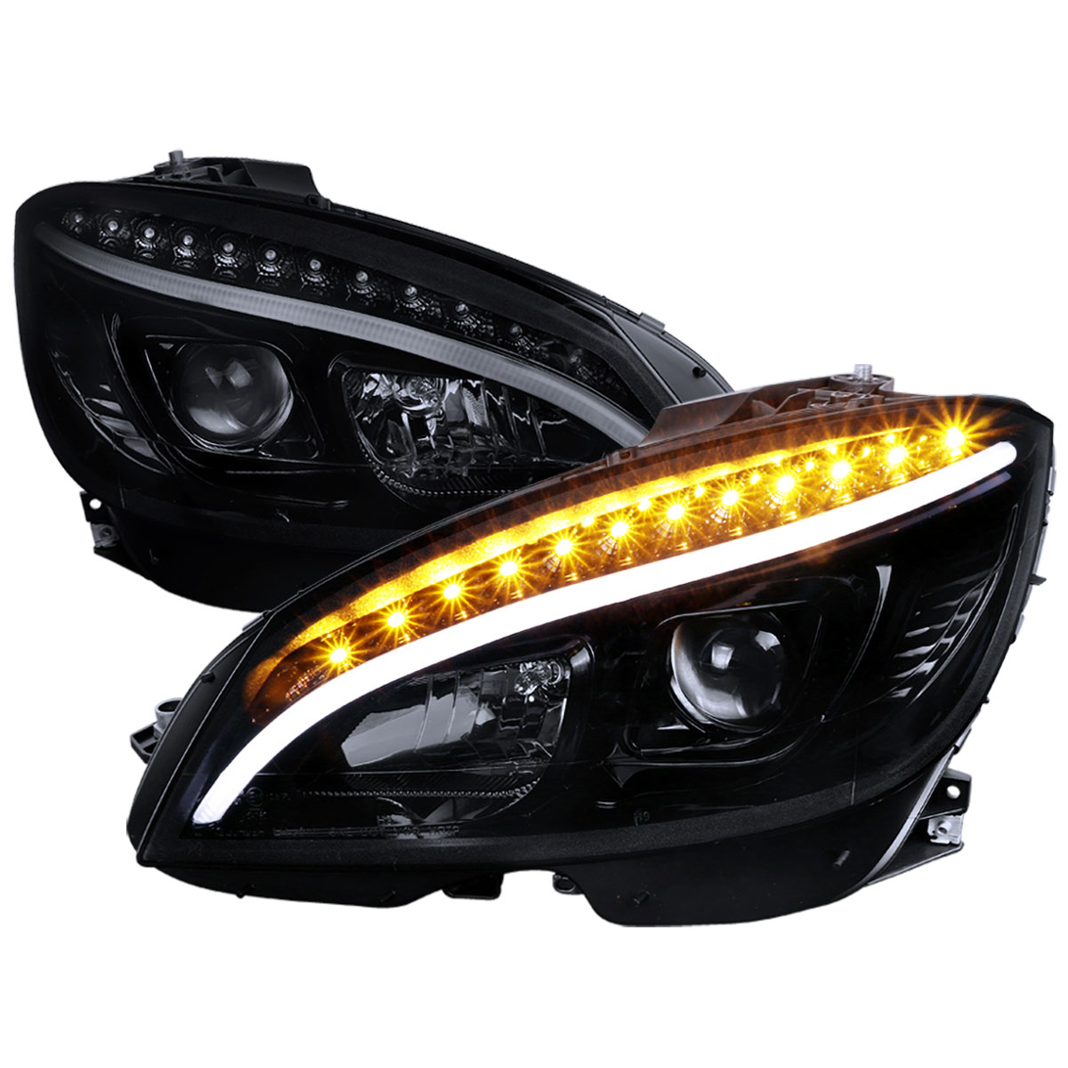 Spec-D Tuning lhp-bw20408g-tm | SPEC-D Tuning Mercades C-Class Projector Headlights - Glossy Black For Factory Halogen Only; 2008-2011