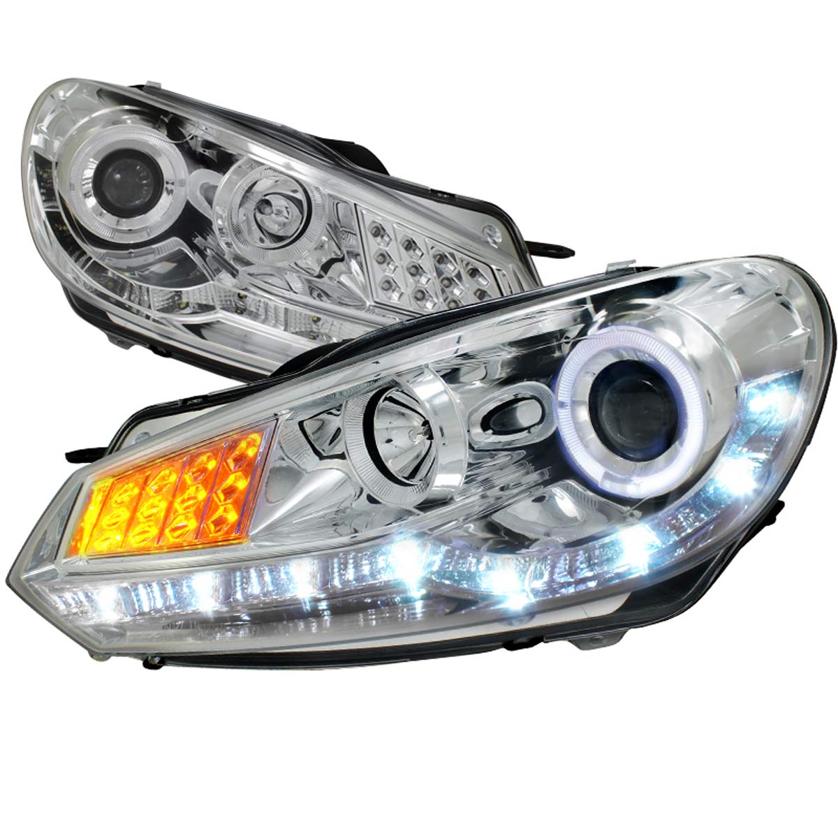 Spec-D Tuning LHP-GLF10-8V2-TM | Volkswagen Golf Projector Headlight R8 Style Chrome Housing With Led Signal; 2009-2010