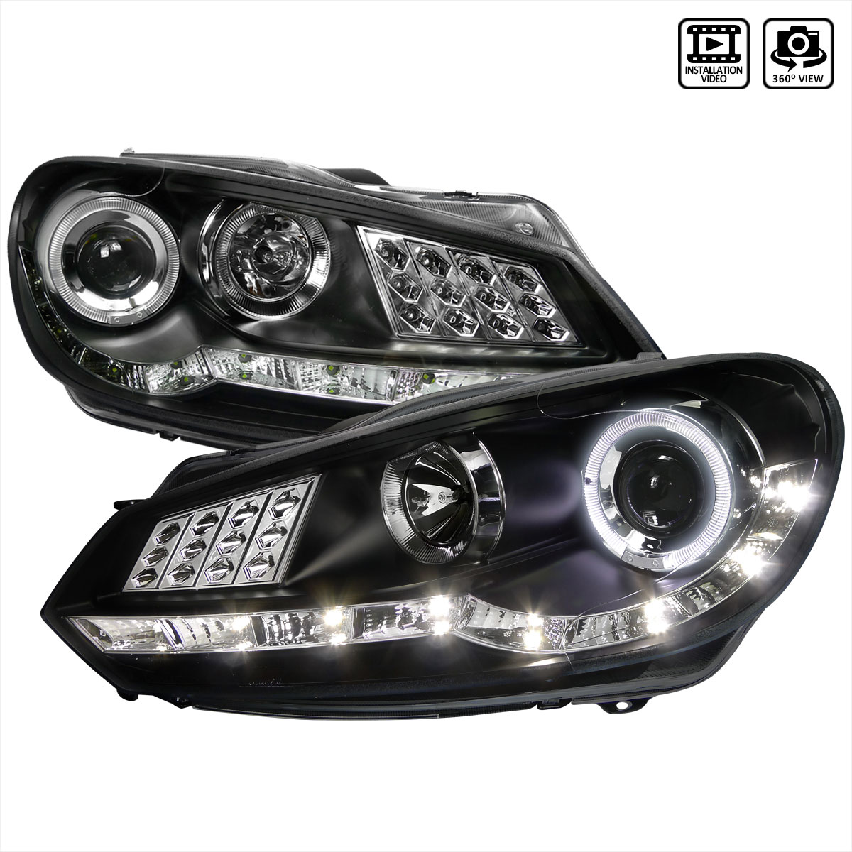 Spec-D Tuning LHP-GLF10JM-8V2-TM | Volkswagen Golf Projector Headlight R8 Style Black Housing With Led Signal; 2009-2010