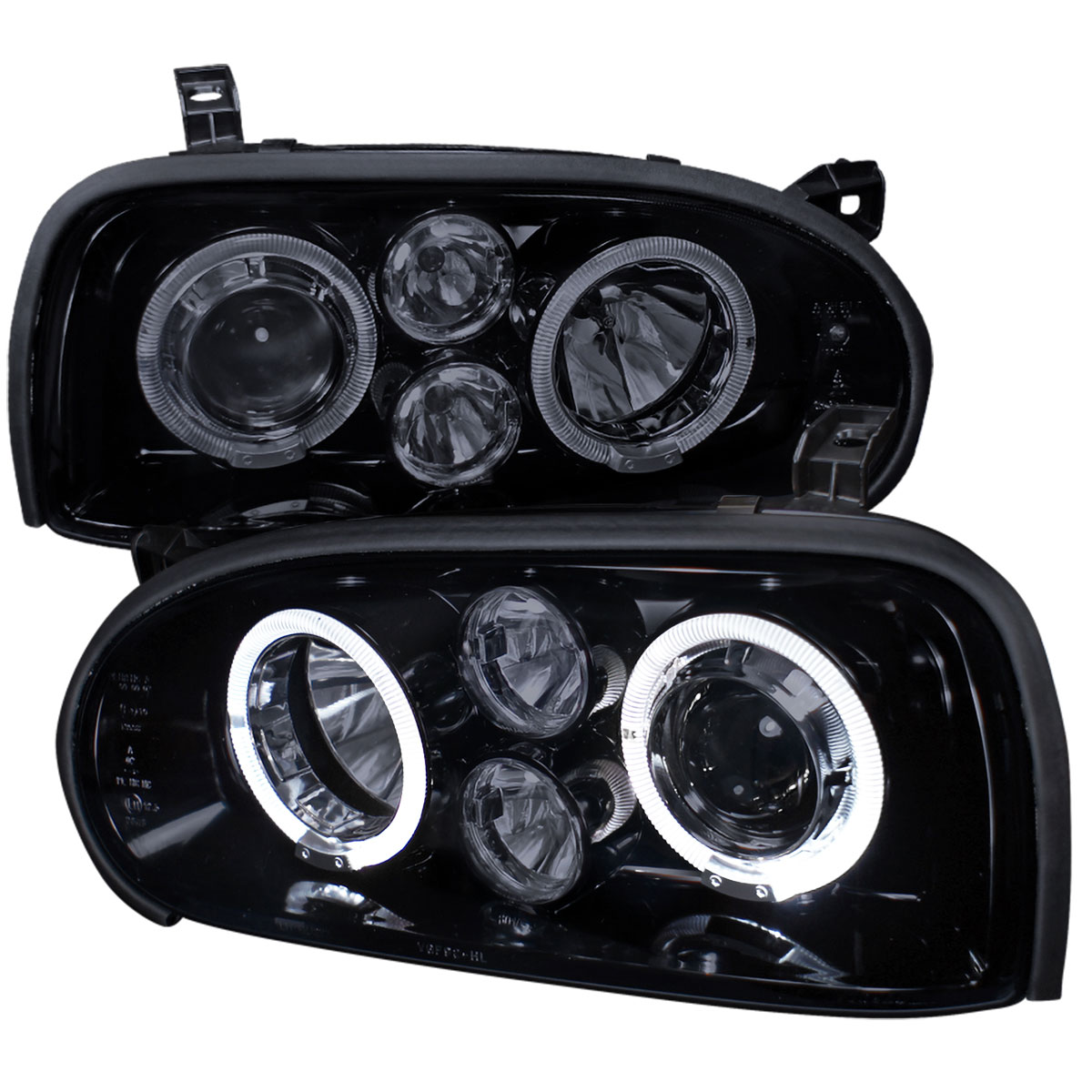 Spec-D Tuning LHP-GLF92G-TM | Volkswagen Golf Halo Projector Headlight Gloss Black Housing With Smoke Lens; 1993-1998