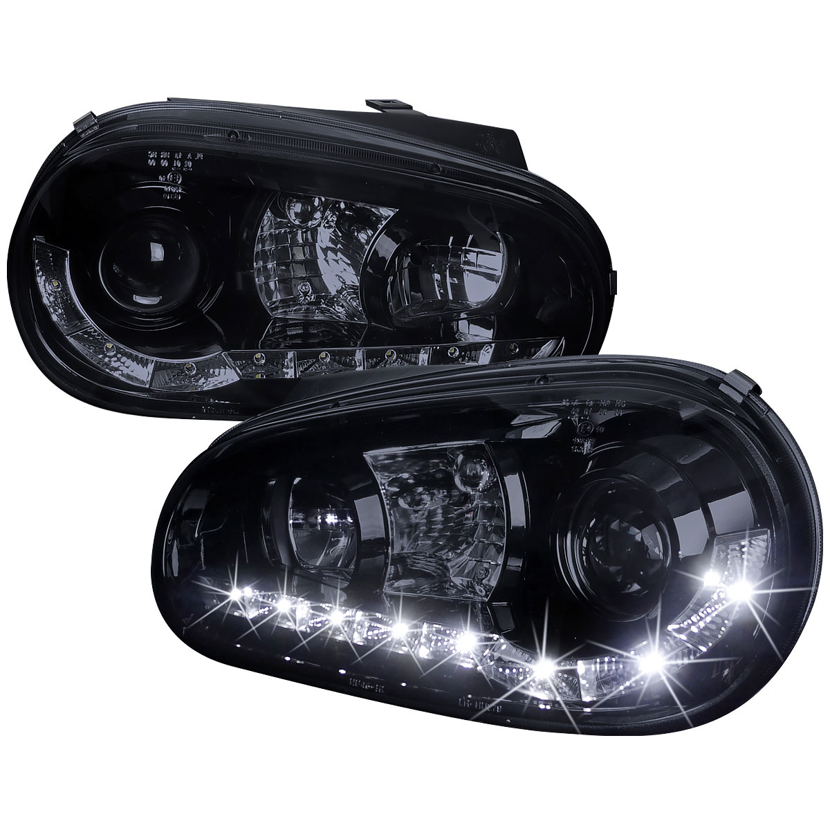 Spec-D Tuning LHP-GLF99G-8-TM | Volkswagen Golf R8 Style Smoked Lens Gloss Black Housing Projector Headlights; 1999-2005