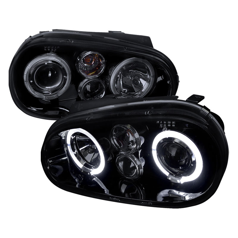 Spec-D Tuning LHP-GLF99G-TM | Volkswagen Golf Projector Headlight Gloss Black Housing Smoke Lens; 1999-2003