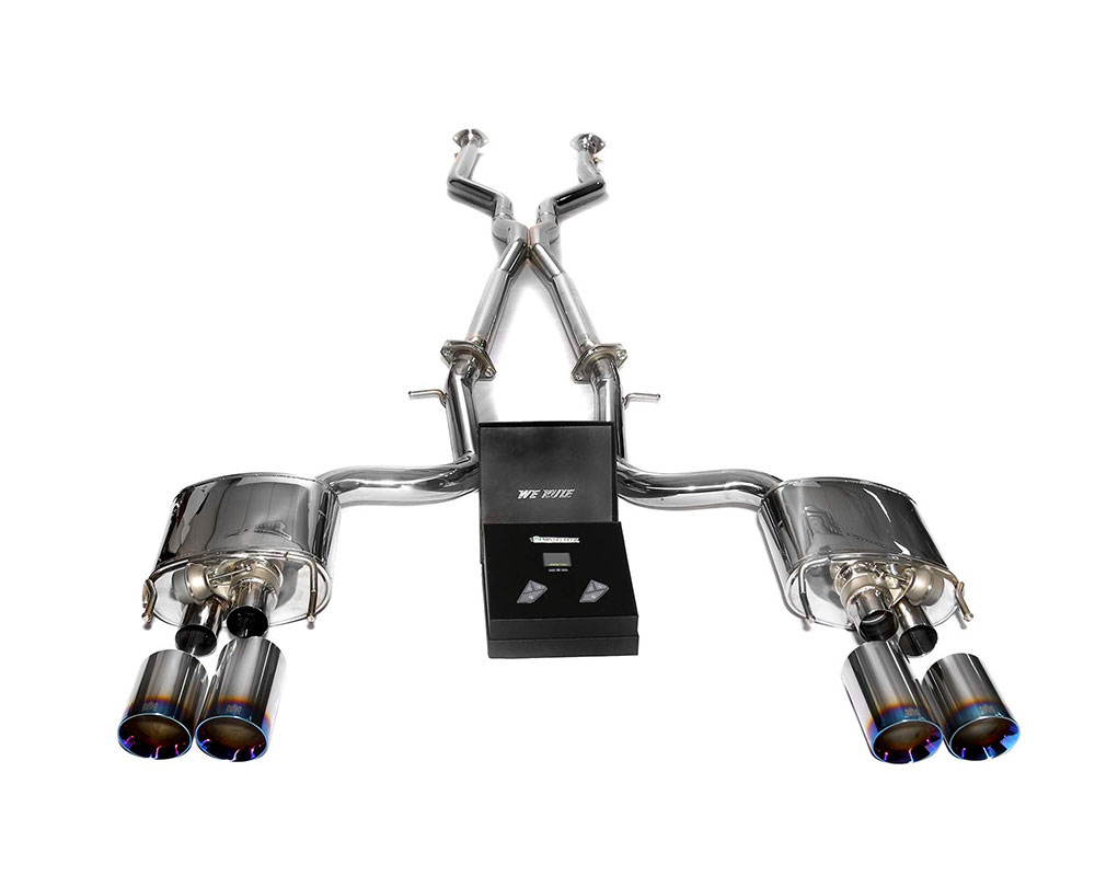 Armytrix LXRCF-QS3840B | ARMYTRIX Stainless Steel Valvetronic Header Back Exhaust System Lexus RC-F 5.0L V8 with Quad Blue Tips; 2015-2020