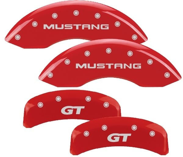 MGP 10095SMG1RD | 4 Caliper Covers Engraved Front Mustang Engraved Rear SN95/GT Red finish silver ch; 1999-2004