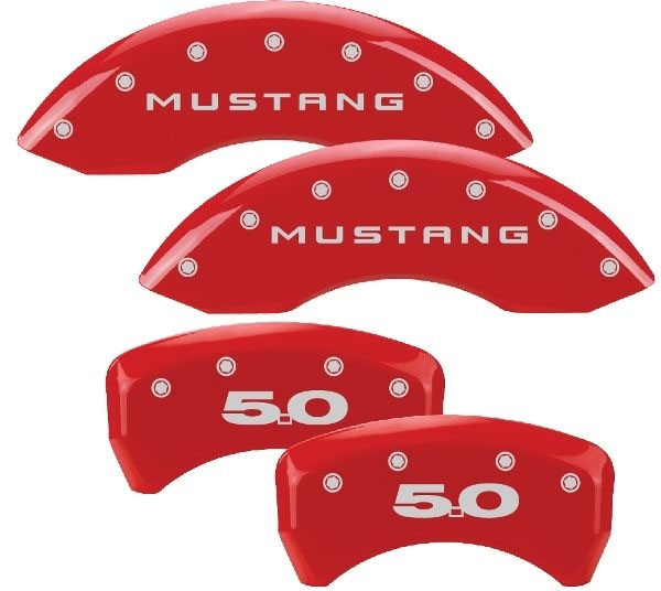 MGP 10198SM50RD | 4 Caliper Covers Engraved Front Mustang Engraved Rear 50 Red finish silver ch; 2010-2014