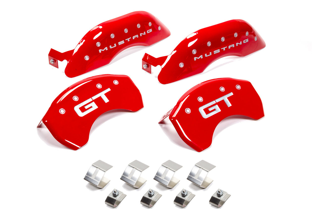 MGP 10200S2MGRD | 4 Caliper Covers Engraved Front 2015/Mustang Engraved Rear 2015/GT Red finish silver ch; 2015-2022