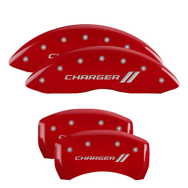 MGP 12162SCH1RD | 4 Caliper Covers Engraved Front & Rear With stripes/Charger Red finish silver ch; 2017-2017