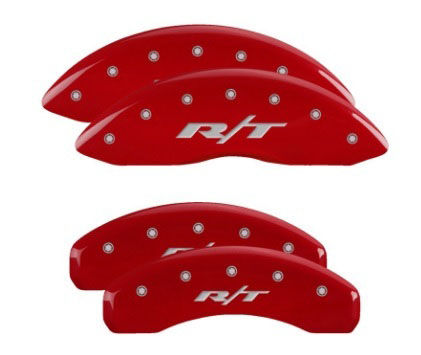 MGP 12204SRT1RD | 4 Caliper Covers Engraved Front & Rear Dodge Durango Red Finish Silver RT1-Truck Logo; 2011-2020