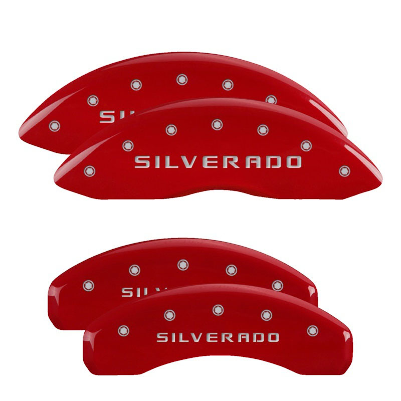 MGP 14005SSILRD | 4 Caliper Covers Engraved Front & Rear Silverado Red finish silver ch; 2014-2018