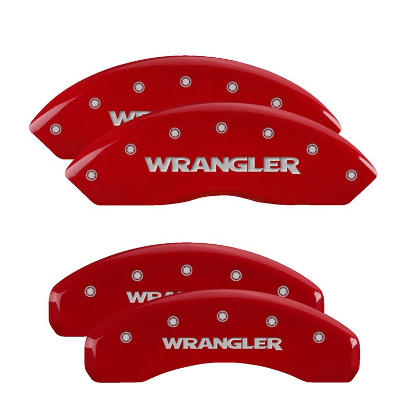 MGP 42007SWRGRD | 4 Caliper Covers Engraved Front & Rear WRANGLER Red finish silver ch; 2012-2012