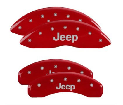 MGP 42020SJEPRD | 4 Caliper Covers Engraved Front & Rear 11-18 Jeep Grand Cherokee Red Finish Silver Jeep Logo; 2016-2022