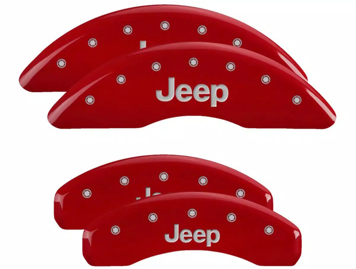 MGP 42023sjeprd | 4 Caliper Covers Engraved Front Rear JEEP Logo Engraved Red Finish Silver Characters