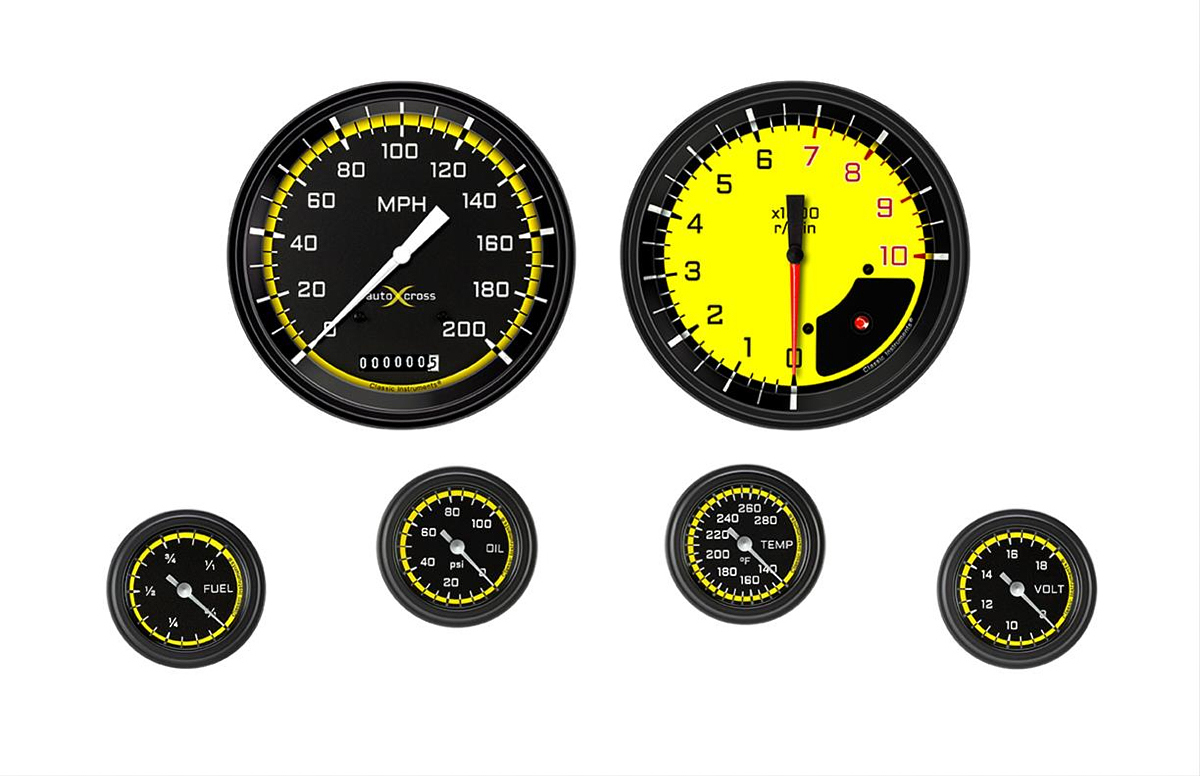 Classic Instruments ax151yblf | CLASSIC INSTRUMENTS Autocross Yellow 6 Gauge Set 2-1/8 Full Sweep