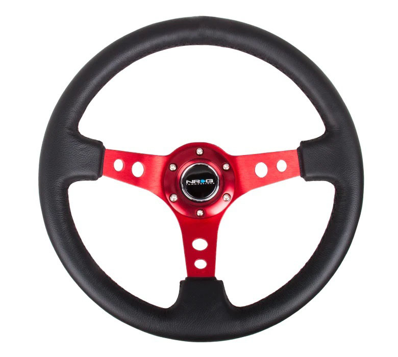 NRG rst-006rd | Reinforced Steering Wheel (350mm / 3in. Deep) Blk Leather w/Red Circle Cutout Spokes