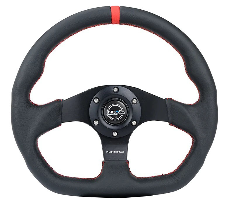 NRG rst-024mb-r-rd | Reinforced Steering Wheel (320mm) Sport Leather Flat Bottom w/ Red Center Mark/ Red Stitching