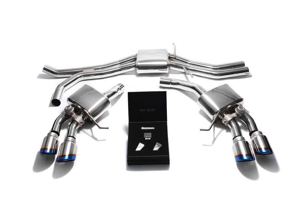 Armytrix PM36T-QS30B | ARMYTRIX Stainless Steel Valvetronic Exhaust System Porsche Macan S / GTS / Turbo with Quad Blue Coated Tips; 2015-2020