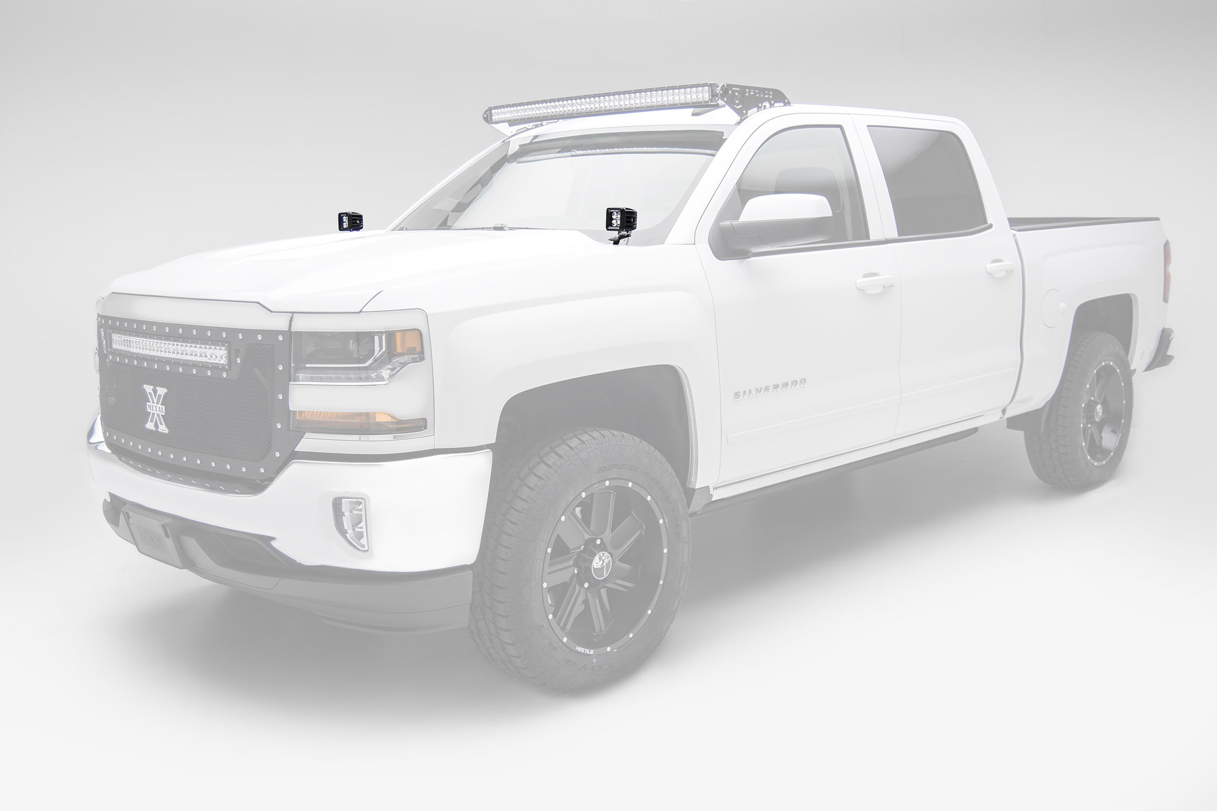 T-Rex z362081 | Zroadz T-Rex 2014-2017 CHEVROLET SILVERADO 1500: Hood Hinges LED Light Bar Mounts - By A Pillar - for mounting Two 3 IN Zroadz Cube Pod Work Lights or Similar Style Light - Bolts On; 2014-2017