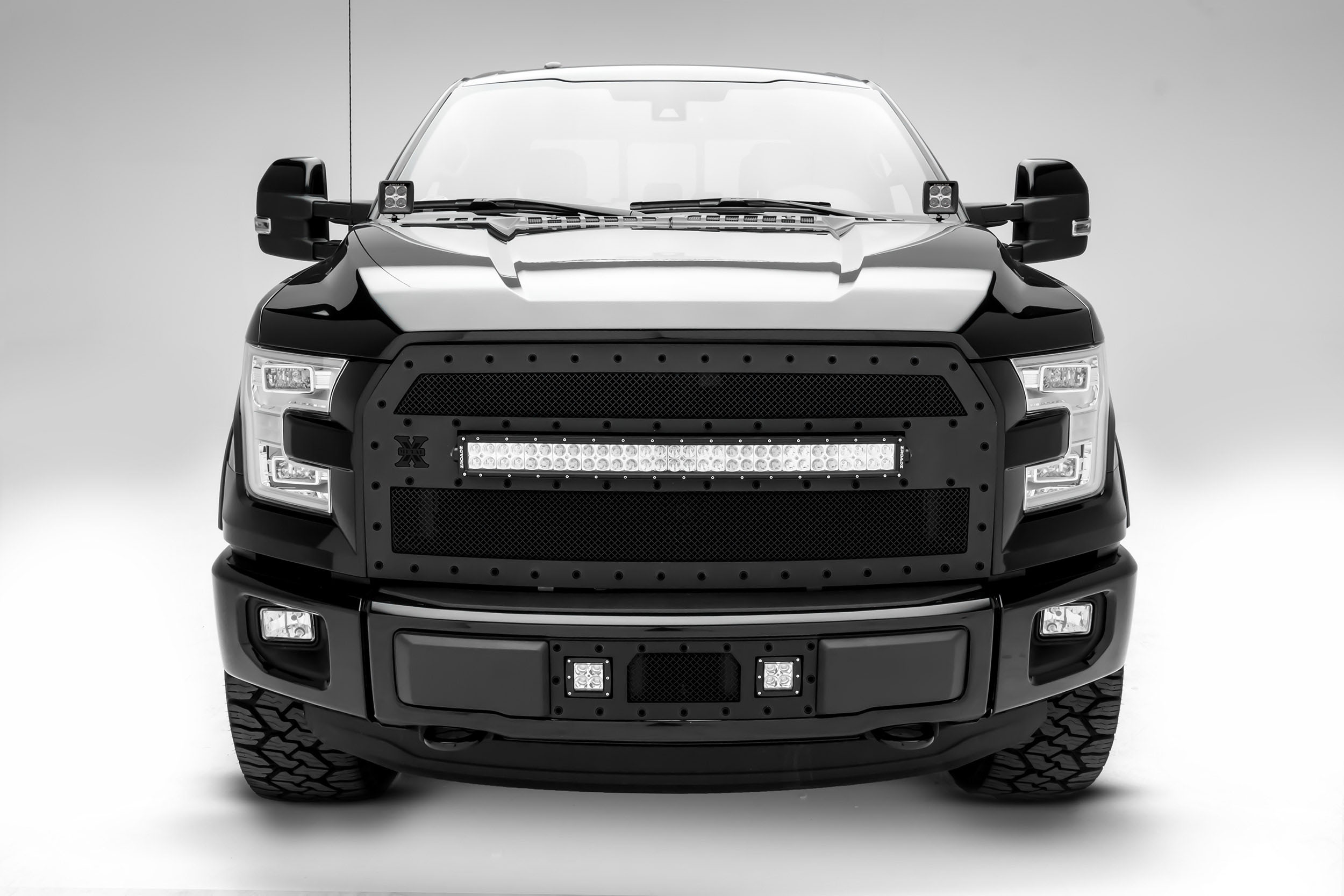 T-Rex z365731 | Zroadz T-Rex 2015-2017 FORD F150: Hood Hinges LED Light Bar Mounts - By A Pillar - for mounting Two 3 IN Zroadz Cube Pod Work Lights or Similar Style Light - Bolts On to Hood Hinges; 2015-2017