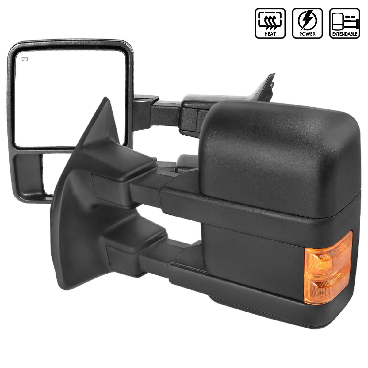 Spec-D Tuning rmx-f25099g2h-p-fs | SPEC-D Tuning Ford F250 Super Duty Towing Mirrors Black - Amber Signal - Power Heated; 1999-2015