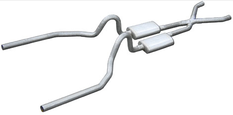 Pypes Exhaust SFM03R | Pypes Mustang 2.5" 1964.5-69 Crossmember-back System w/ X-pipe with Race Pro Mufflers; 1964-1969