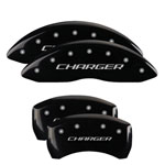 MGP 4 Caliper Covers Engraved Front & Rear Block/Charger Black finish silver ch; 2009-2010