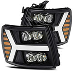 AlphaRex Chevy 1500HD NOVA LED Proj Headlights Plank Style Matte Blk w/Activ Light/Seq Signal; 2007-2013