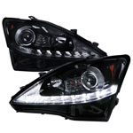 SPEC-D Tuning Lexus IS250 Projector Headlights - LED Glossy Black Housing With Light Smoke Lens; 2006-2009