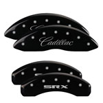 MGP 4 Caliper Covers Engraved Front Cursive/Cadillac Engraved Rear SRX Black finish silver ch; 2010-2011