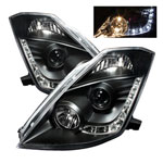 Spyder Nissan 350Z ( Halogen Bulbs Version ) DRL LED Projector Headlights - Black - (PRO-YD-N350Z02-DRL-BK); 2003-2005