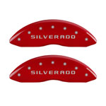 MGP Front set 2 Caliper Covers Engraved Front Silverado Red finish silver ch; 2008-2013