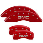 MGP 4 Caliper Covers Engraved Front & Rear GMC Red finish silver ch; 2011-2016