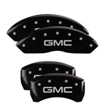 MGP 4 Caliper Covers Engraved Front & Rear GMC Black finish silver ch; 2015-2020