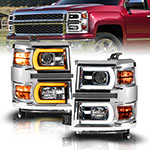 Anzo 14-15 Chevy Silverado 1500 Chrome Dual Switchback+Sequential LED Tube Sq. Projector Headlights; 2014-2015