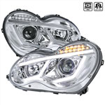 SPEC-D Tuning Mercedes C-Class Projector Headlights - Chrome For Factory Halogen Model; 2001-2007