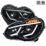 SPEC-D Tuning Mercedes C-Class Projector Headlights - Glossy Black For Factory Halogen Model; 2001-2007