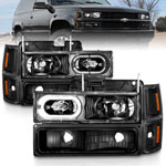 ANZO 88-98 Chevrolet C1500 Crystal Headlights Black Housing w/ Signal and Side Marker Lights; 1988-1998